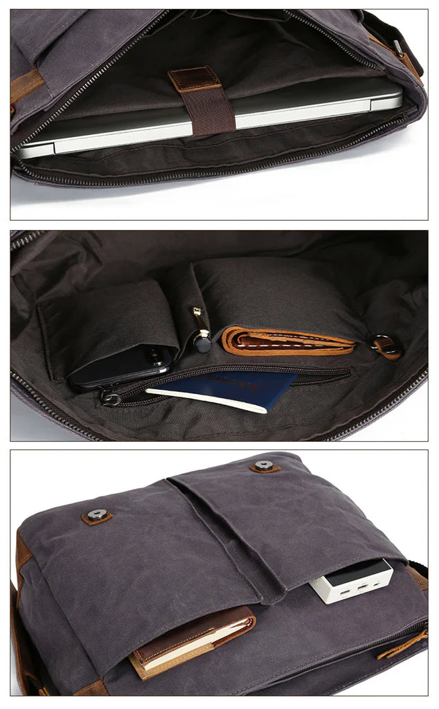 Waxed Canvas & Leather Satchel – Rugged Crossbody Laptop Bag
