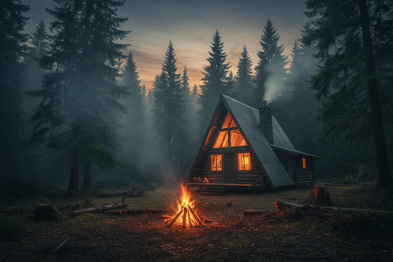 Cinematic wide shot of a rustic A-frame cabin in a dark misty forest at twilight, glowing campfire in the foreground, moody deep green and orange aesthetic, photorealistic, 8k resolution